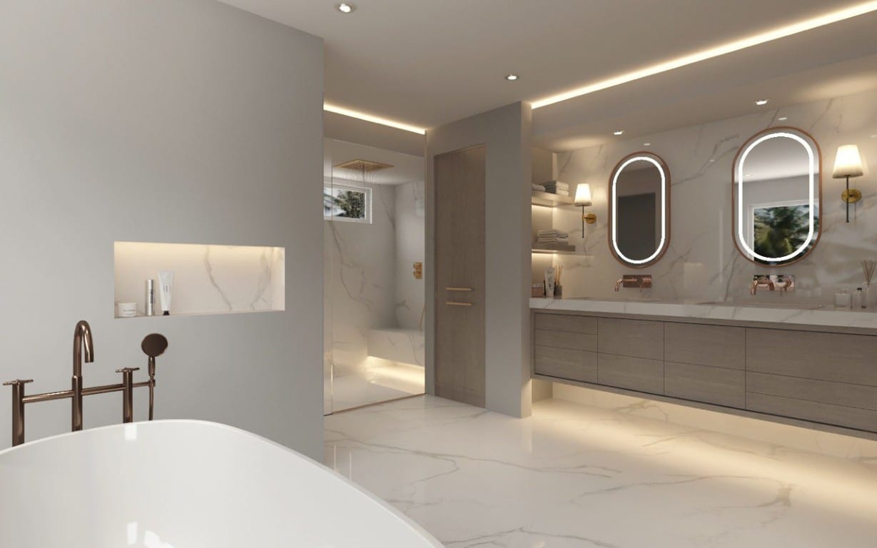 Luxury bathroom with book-matched marble, dual vanity, and freestanding tub by Yanis Remodeling