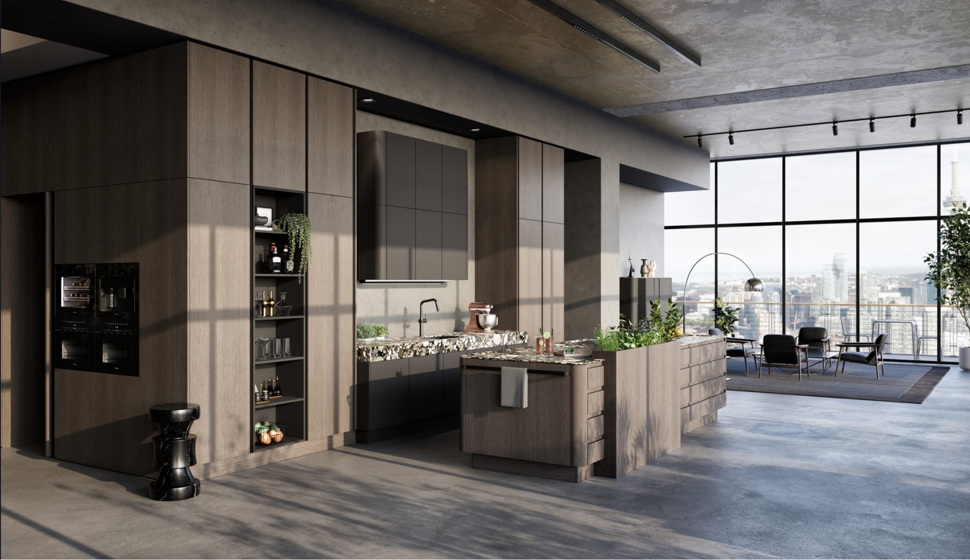 Architeto kitchen island with cantilevered stone and integrated cooking station