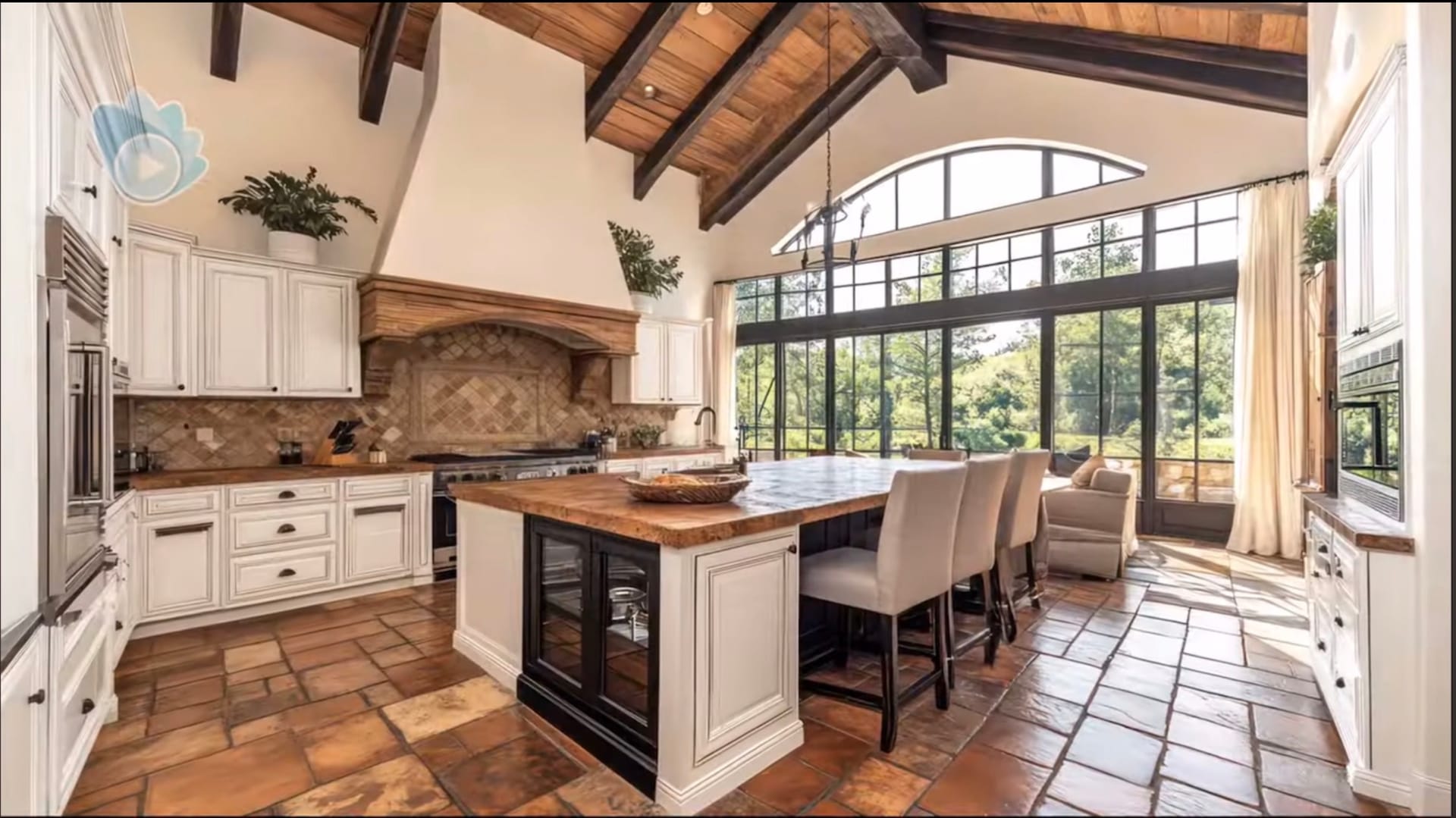 Modern Farmhouse kitchen with reclaimed wood, apron-front sink, and open shelving in Orange County home