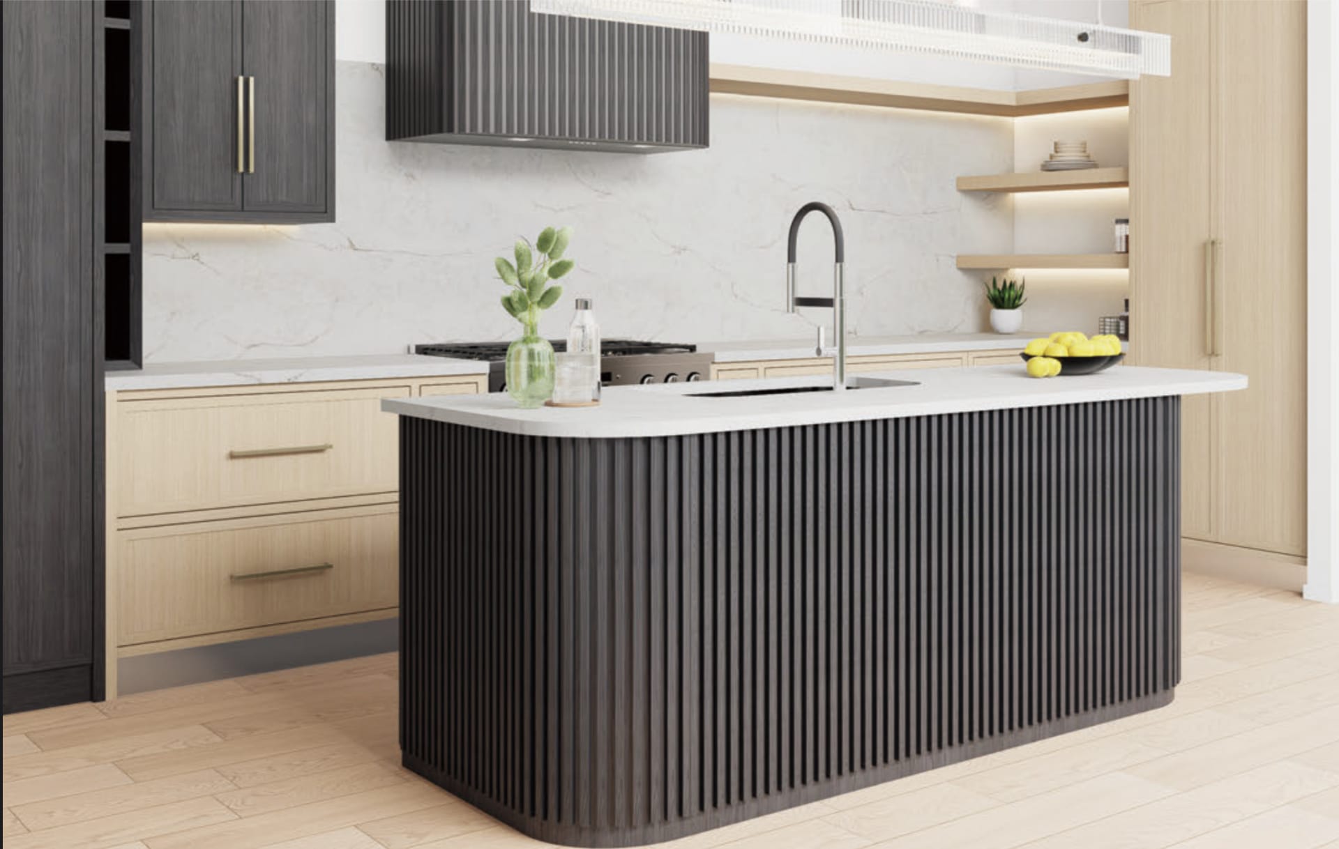 American classic kitchen with warm cabinetry and stone island